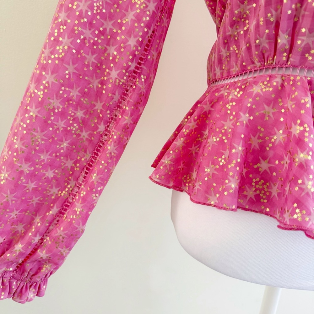 STINE GOYA PINK GOLD STAR PRINT SHIRLEY BACK SLIT OPENING RUFFLE PEPLUM TOP - Picture 6 of 13